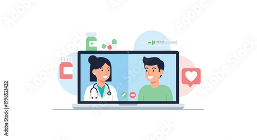 A female doctor and a male patient having a medical consultation via a video call on a laptop, surrounded by various healthcare-related icons.