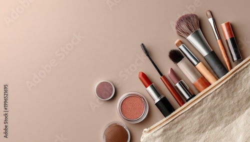 Assorted makeup items spill from a bag onto a neutral background