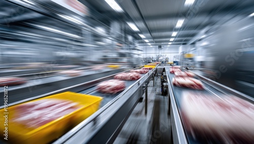 Raw meat processed on automated conveyor belts in a bustling factory