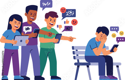 Group of bullies mocking and pointing at a sad boy sitting alone, illustrating social bullying and emotional distress.