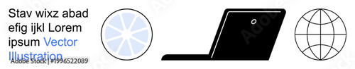 Technology, global communication, digital connectivity, networking, online services, information sharing. A laptop, globe symbol and a circular abstract design. Technology and global communication