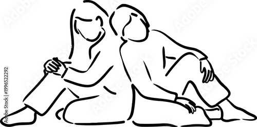 Continuous line drawing of two women sitting back to back, arms around knees, vector illustration.