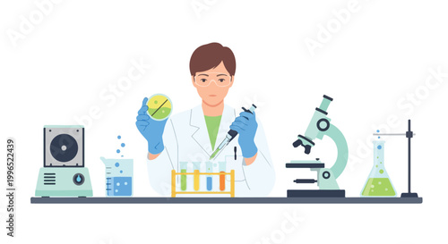 A scientist in a white coat and blue gloves performs experiments using a pipette, petri dish, and microscope in a modern laboratory setting.