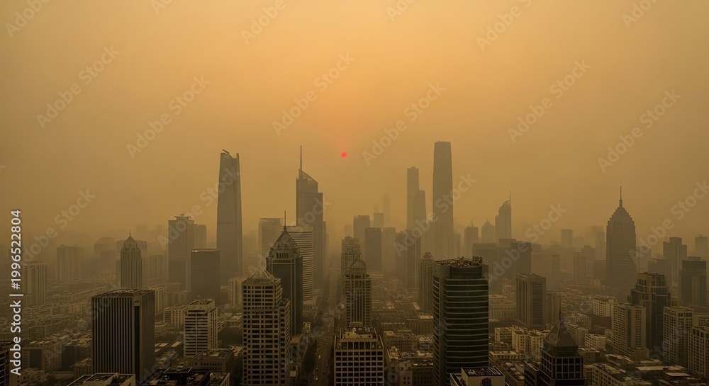 Fototapeta premium Smoggy Cityscape with Tall Skyscrapers Under Hazy Orange Sky.