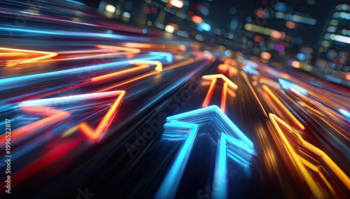 Neon arrows streak forward through a blurred cityscape at night