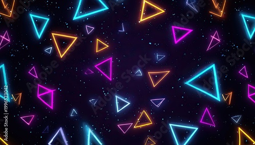 Neon triangles and glowing particles drift on a dark, cosmic background