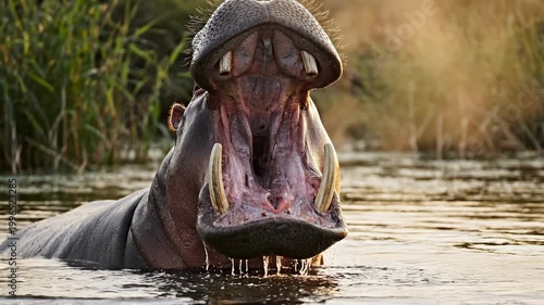 A hippopotamus with its mouth open in water.
