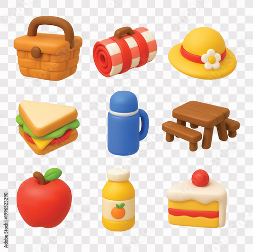 Picnic in the Park Vector Icon Set | 3D icon set |  picnic basket,  picnic blanket, sun hat,  sandwich, thermos, picnic table and benches, red apple, bottle of orange juice, slice of cake 