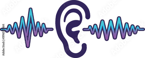 Ear in center with sound waves emanating outwards on both sides illustrating audio perception and sound transmission.