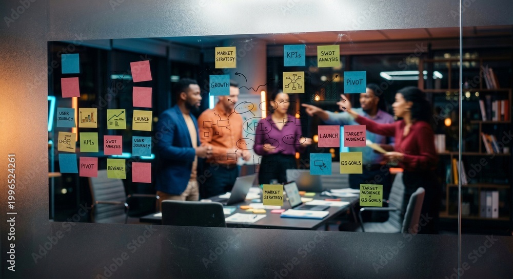 Obraz premium Creative professionals planning KPI and growth strategy on glass board with colorful sticky notes in modern office