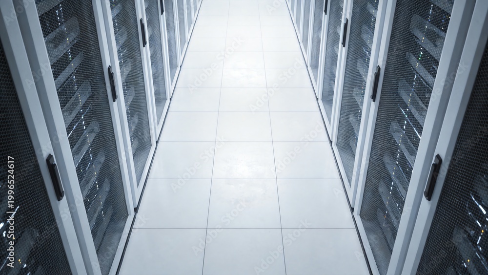Obraz premium Empty server room aisle aerial view minimalist