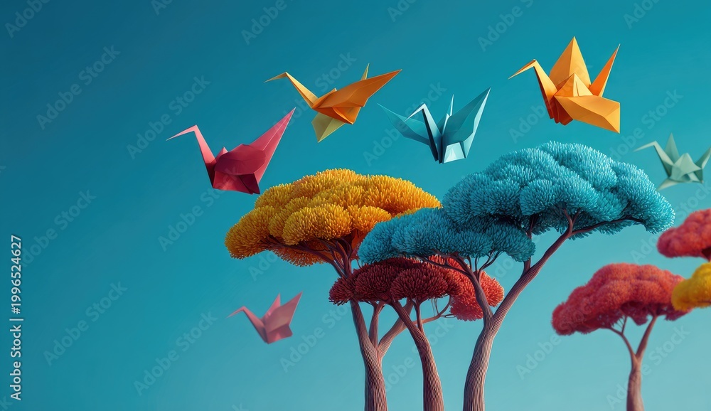 Fototapeta premium Colorful paper cranes ascend above vibrant, whimsical trees against a clear sky