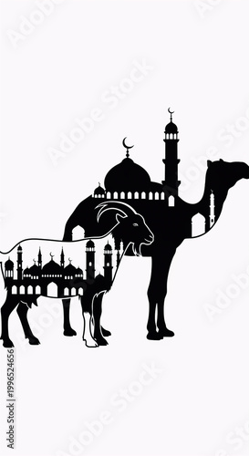 Vertical Eid Al-Adha Silhouette with Camel, Goat, and Mosque