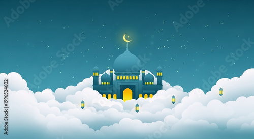 Beautiful Mosque Nestled Among White Clouds Illustration