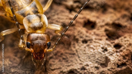 Konstfotografi macro termite insect on wood, close up pest detail, termite on damaged timber, wood eating insect, infestation concept, brown insect macro, nature pest, extreme closeup texture