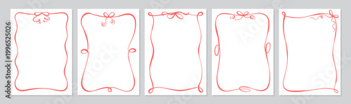 Curly red rectangle frame set with bow. Coquette ribbon border as cute wedding card. Vertical romantic doodle outline for invite and menu. Simple white paper background for love celebration and