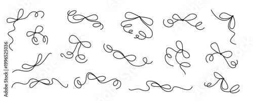 Romantic black wedding bow ornament set. Cute vintage knot ribbon decor as wavy hand drawn line doodle. Whimsical decorative element for invite card and valentine love celebration with simple retro