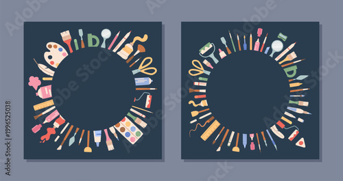 Cartoon tools circle on flat square background. Fun artist tool collection with pencil, brush and palette as colorful art supplies frame. Cute paint and craft template for school class or workshop