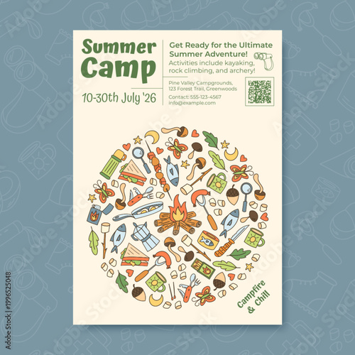 Vertical color doodle summer camp banner. Campfire, tent and backpack create an adventure theme with marshmallow and picnic icons. Bright outdoor camp scene in colorful line art for seasonal