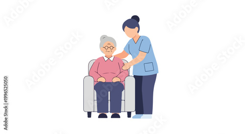 A supportive nurse in blue scrubs assists an elderly woman sitting in a chair, illustrating high-quality geriatric care and compassion.