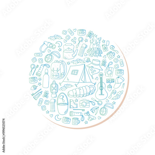 Adventure outdoor patch doodle circle silhouette. Camp theme with hiking, tent, campfire and backpack, plus guitar. Conceptual symbol as a unique patch, colorful blue line art, ideal for trip or
