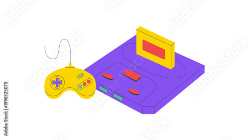 Retro y2k joystick sticker in flat style. Yellow game console with videogame controller and cassette, gamepad design for vintage video entertainment and electronic device icon.
