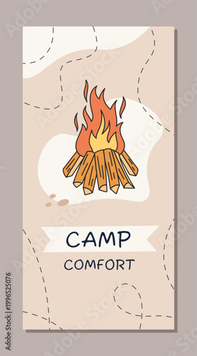 Doodle sketch of campfire banner and comfort outdoor background. Vertical camp adventure with campfire, fire, and hiking context. Color icon style for camp trip or camping adventure.