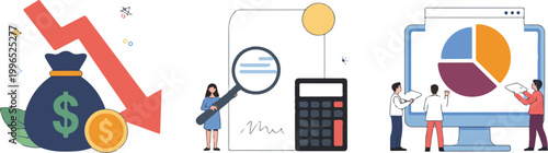 Financial analysis vector set featuring money loss arrow audit document with magnifying glass and business people analyzing pie chart