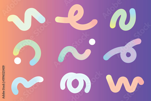 グラデーションのチューブ・モール状の線の波線やらせんなどの抽象的な形のセット