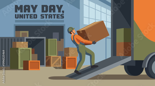Worker Loading Box into Truck for May Day in United States