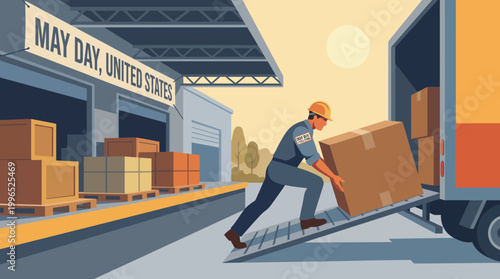 Worker loading delivery truck at warehouse for May Day holiday