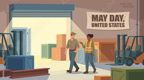 Warehouse Workers in United States Celebrating May Day Illustration