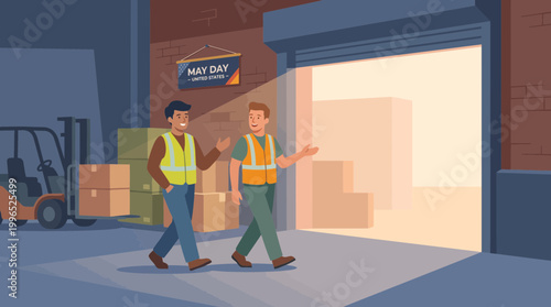 Warehouse Workers Celebrating May Day in United States Illustration