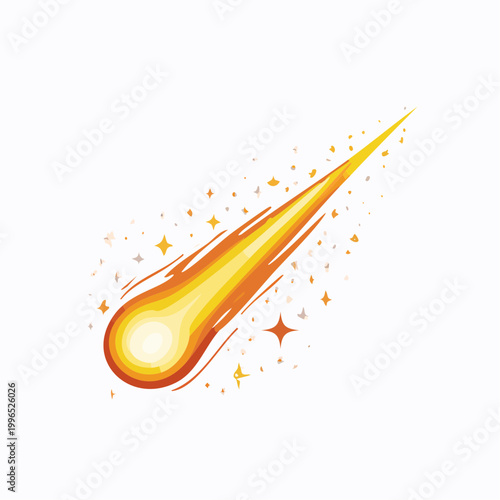 Stylized illustration of a fiery comet streaking across a white background
