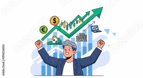 Man Celebrating Business Success Graph.