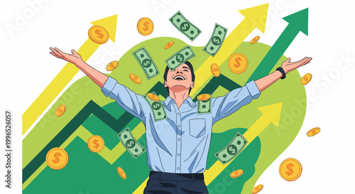 Man Celebrating Financial Success with Money.