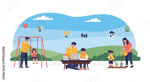 Illustration of a family engaging in various activities outdoors, including playing, learning, and gardening, symbolizing work-life balance and family well-being.