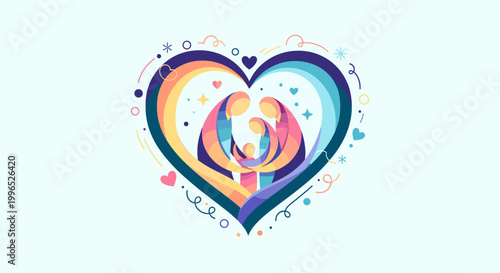 Stylized illustration of a loving family embracing within a vibrant, colorful heart, symbolizing unity, care, and happiness.