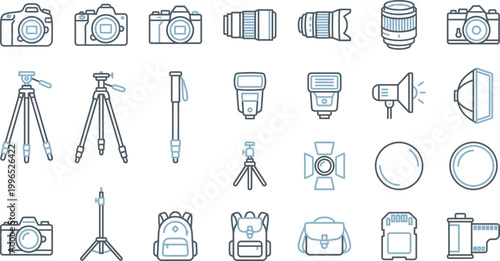 Various photography equipment icons including cameras, tripods, lenses, lighting, storage, and bags in a minimalist line style