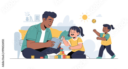 A father reads a book to his daughter while another child plays with building blocks and a ball in a bright, cheerful home setting.