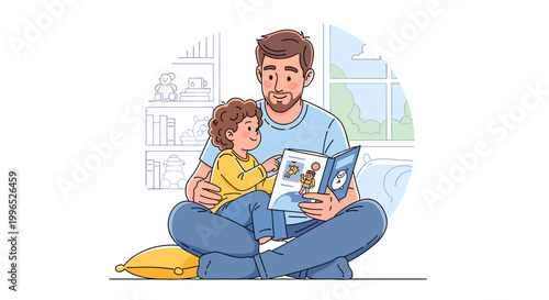 Father and child sitting on the floor, reading a storybook together in a cozy home setting, enjoying quality time and bonding.