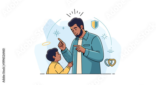 A father figure teaching and guiding a young boy, surrounded by symbolic elements of wisdom, protection, and family.