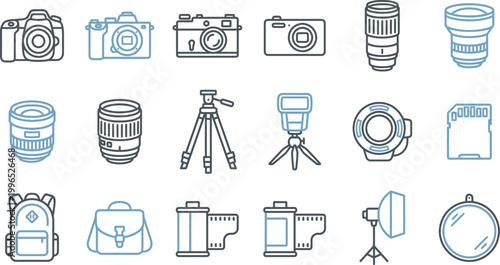 Various digital photography equipment icons including cameras, lenses, tripods, flashes, memory cards, bags and film rolls collections