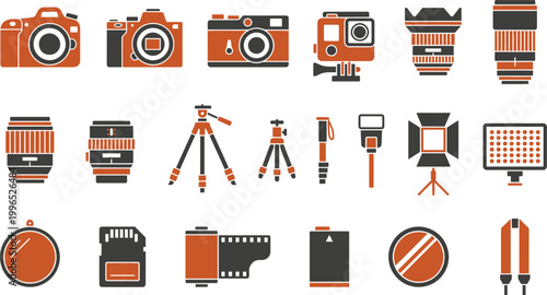 An extensive array of photography equipment icons, including cameras, lenses, tripods, lighting, and various accessories.
