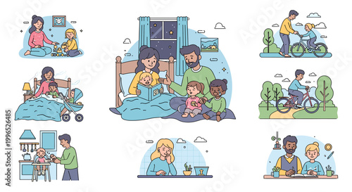 Illustrations depicting various family moments, including parents caring for children, bedtime stories, playing, feeding, and learning to ride a bike.
