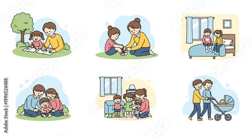 Illustrations depicting a family's daily life, including outdoor activities, indoor play, bedtime routines, and family outings with a stroller.