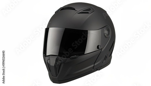 A sleek black motorcycle helmet with a glossy visor sits isolated on a plain white background, exuding a sense of safety and style.