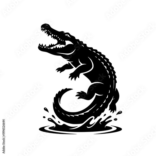 Jumping Crocodile Attack Vector with Water Splash – Aggressive Alligator Illustration for Tattoo and T Shirt Design
