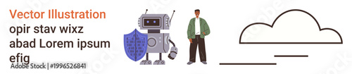 Data security, artificial intelligence, cloud computing, human interaction, technology concepts, digital transformation. Robot with shield, standing person and cloud icon. Data security
