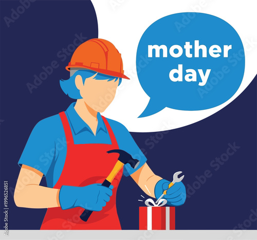 Woman in hard hat and apron assembling gift with tools for Mother's Day mother day female